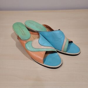 Sz 8 Jacques Levine Vintage House Retro Art Deco Peach Mint Slippers Shoes